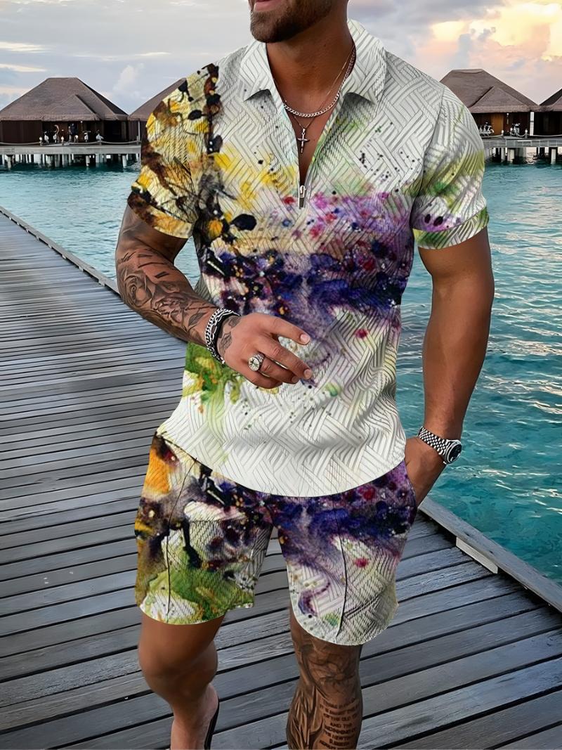 

Men' Tracksuits Summer Men' Casual Shirt Suit Street Fashion Trend 3D Printing Zipper Short Sleeve T-Shirt Shorts Two Piece Set -5XLM, 41