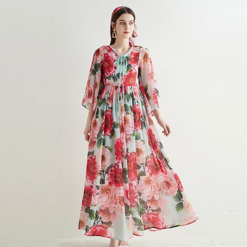 

Casual Dresses Runway Bohemia Maxi Women Spring Summer Bat Sleeve Floral Chifffon Beach Long Dress Vintage Robe Longue N77390, Red
