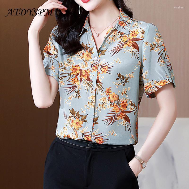 

Women' Blouses & Shirts Summer Printed For Women Short Sleeve Lapel Satin Silk Shirt Vintage Office Lady Straight Tops Casual ClothingWomen, Photo show