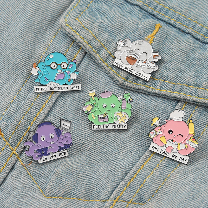 

Hard Working Octopus Enamel Pins Custom Animal Painter Desserts Programmer Brooches Lapel Pin Shirt Badge Cartoon Ocean Jewelry, Mixed colors