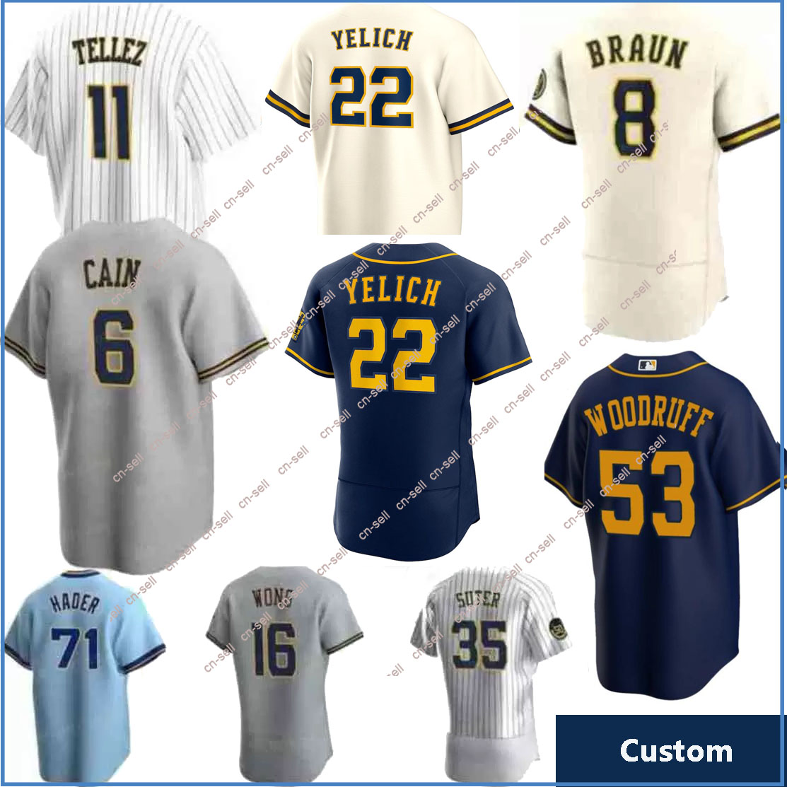 

Christian Yelich 27 Willy Adames Milwaukee Baseball Jersey Brewers Mens Robin Yount Women Lorenzo Cain JC Mejia Hunter Renfroe Feliciano Corey Ray Luis Urias X1, Men