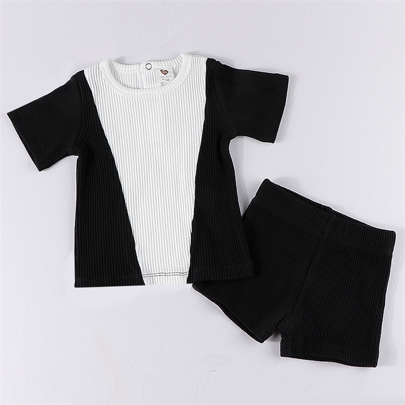 

Boys summer 2pcs set top and black ribbed kid baby boy clothes round neck short sleeve contrast patch 220616