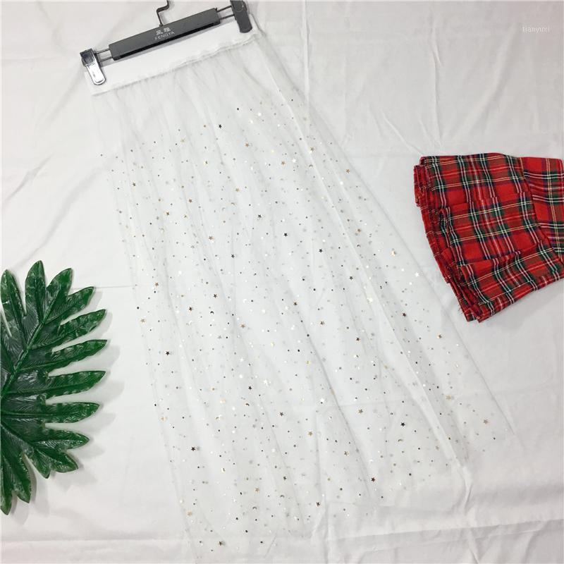 

Fashion Women Mesh Tulle Skirts Elastic High Waist Lace Sequin Petticoat Skirt Long Midi Saias Faldas Jupe Femmle, Black