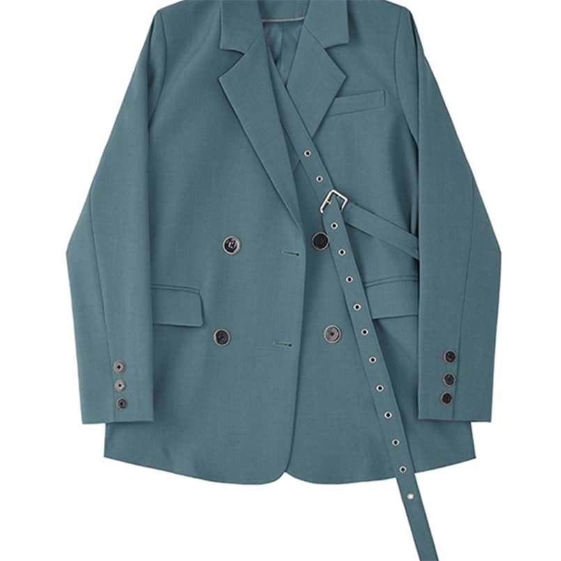 

[EAM] Women Blue Button Ribbon Big Size Blazer Lapel Long Sleeve Loose Fit Jacket Fashion Spring Autumn 1Z705 220402