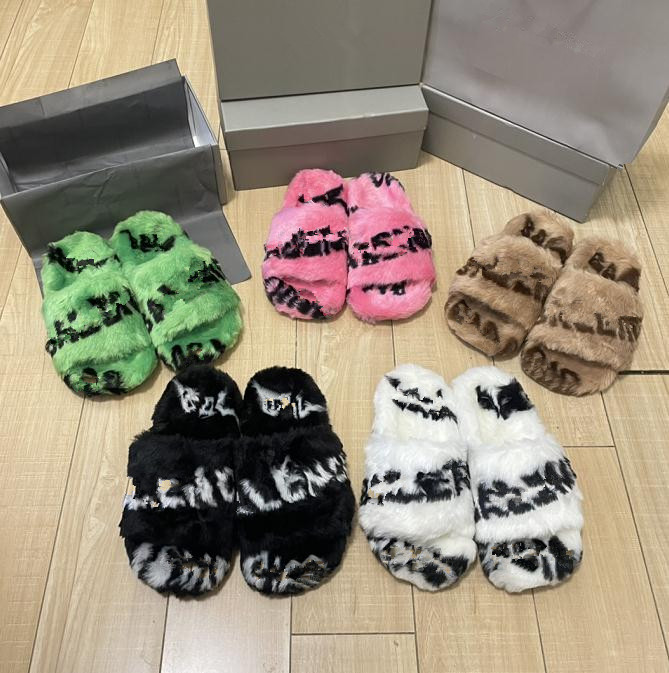 

2022 luxury Paris woman furry slippers sandals new printing female letter long hair drag comfortable soft Ladies Holiday Banquet non-slip hairy slippers, Black