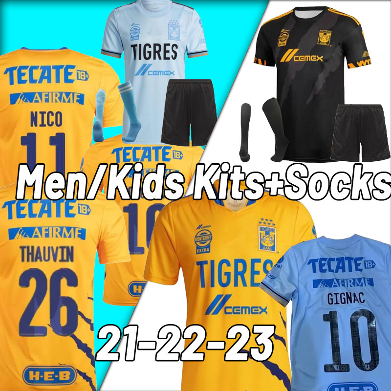 

LIGA MX 2021 2022 Tigres UANL soccer jerseys home away THAUVIN GIGNAC 21 22 L.FERNANDEZ PIZARRO football shirts maillot de foot thailand Full Set socks Kids NICO LOPEZ, Third