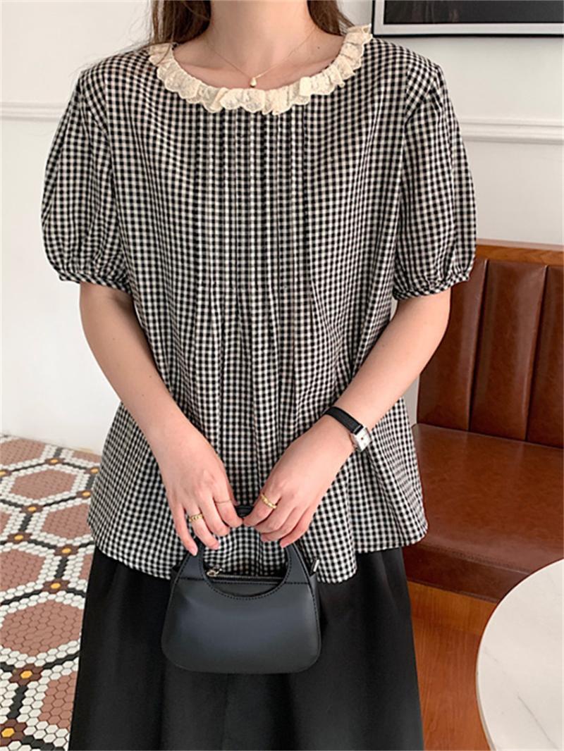 

Women's Blouses & Shirts HziriP Plaid Tops Summer Puff Sleeve 2022 Chic Women Loose Sweet Slim Office Wear OL Work BlusasWomen's