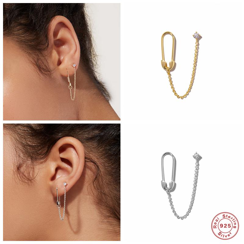 

Stud Aide 925 Sterling Silver Unique Safety Pin White Zircon Double Studs Earrings For Women Chain Tassel Connected Piercing EarringsStud