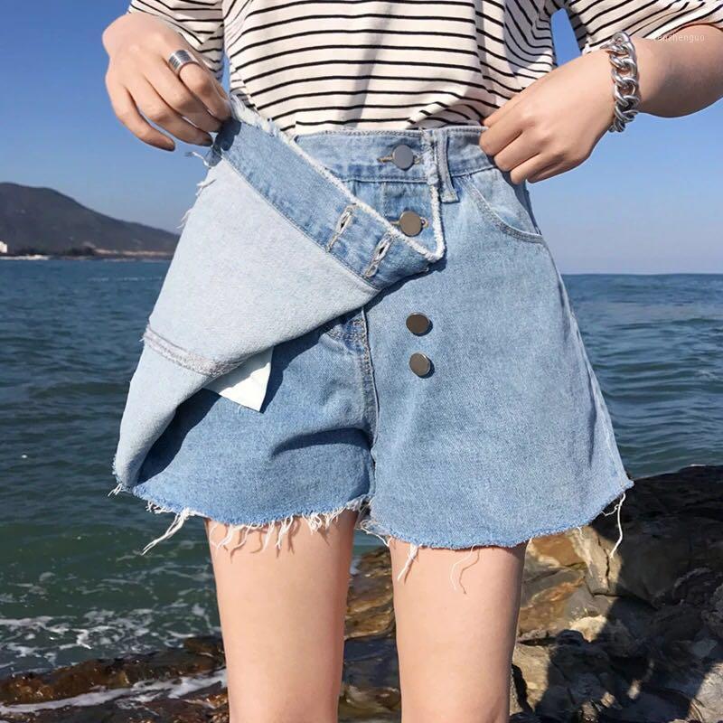 

Women Clothing Denim Fabric Washed Skirts A-line High Waist Slim Cowboy Vintage College Girl Fake Two Piece, Blue skirts