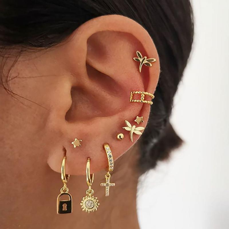 

Dangle & Chandelier Fashion Geometric Lock Dragonfly Pentagram Earring Set For Women Gold Crystal Cross Sun 2022 Earrings Jewelry Gift Whole
