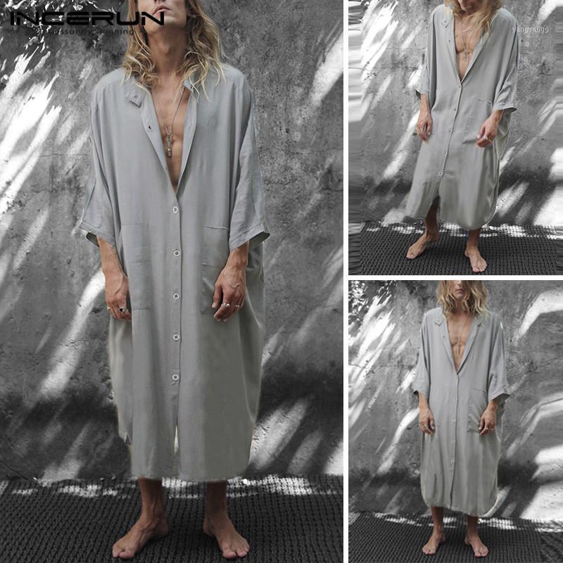 

Fashion Solid Long Style Shirts INCERUN Mens Sleeve Lapel Camisa Loose Pocket Blusas Breathable Dress Plus Size Men' Casual, Grey