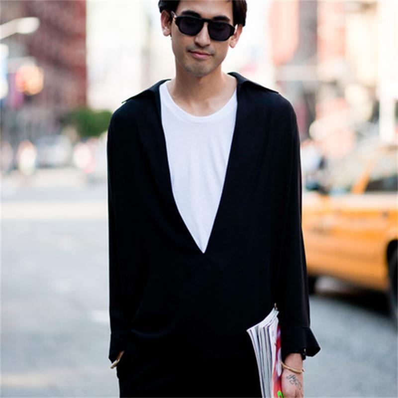 

Men' Thick Long-sleeved Shirt Drape 2022 Autumn European And American Street Shooting Large Deep V-neck Slim Casual Shirts, Black