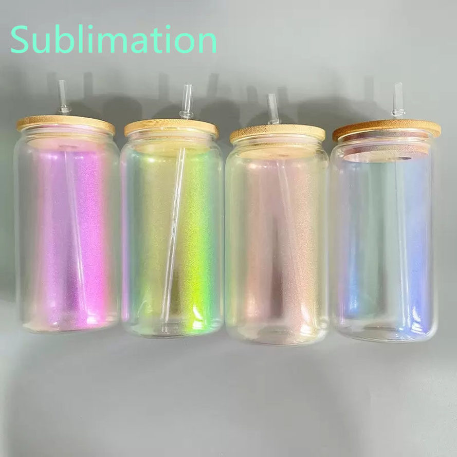

12oz 16oz Sublimation Iridescent Glass Can Rainbow Glass Shimmer Beer Glass Tumbler Drinking Colorful Glasses With Bamboo Lid And Reusable Straw sxmy4, Clear
