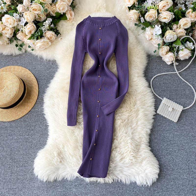 

Sheath Dress 2022 Autumn Winter Vintage Solid Color Elastic Knitted Skirt O Neck Long Sleeves Button Waist Hip Women, Army-green