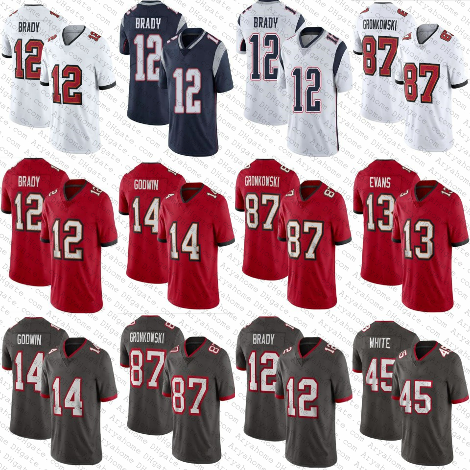 

12 Tom Brady Jersey 87 Rob Gronkowski Mens Women Youth Kids Football 14 Chris Godwin Jerseys 13 Mike Evans 45 Devin White Red White Shirt Stitched Stock, Shown(withlogo)