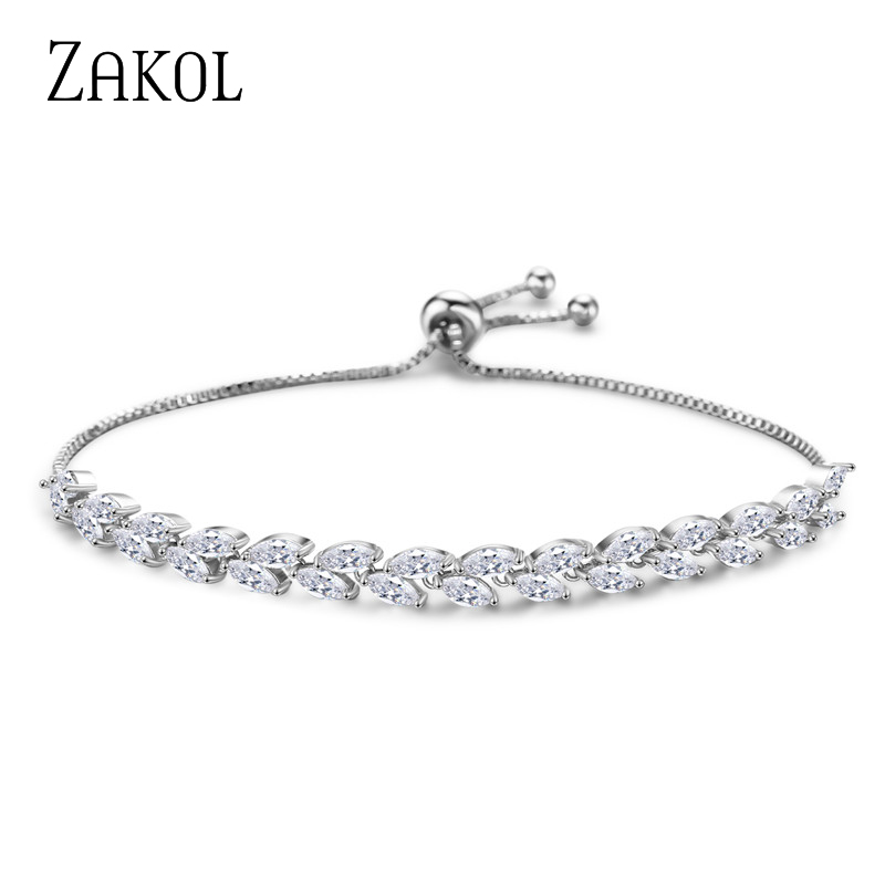 

Trendy Bride Jewelry Clear Crystal Leaf Charm Cubic Zirconia Adjustable Chain Bracelets For Women