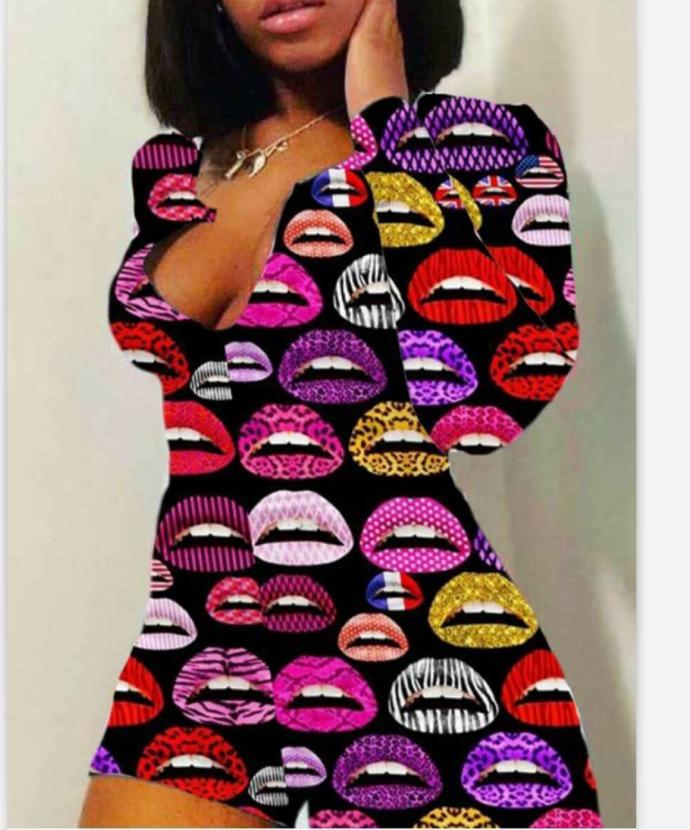 Women's Jumpsuits & Rompers Women Sexy Lips & Leaves Patterned Casual Tight Long Sleeve Strechy Slim For Spring FallWomen's
