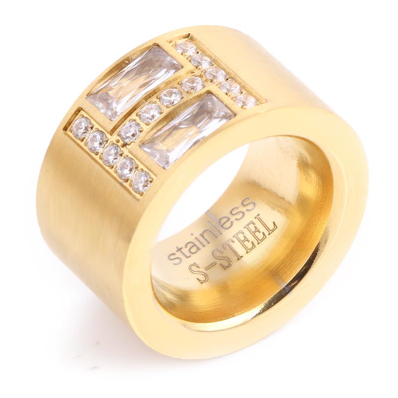 

Wedding Rings Arrival Gold-Color Ring Bijoux 14mm Width Big Pave Setting CZ Zicon Engagement For Women JewelryWedding RingsWedding