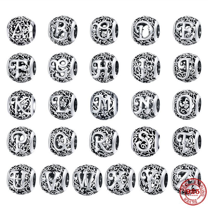 

925 Sterling Silver Dangle Charm Openwork Letter Shape A to Z Beads Bead Fit Pandora Charms Bracelet DIY Jewelry Accessories