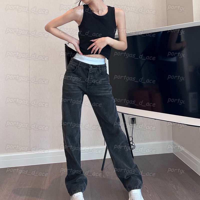 

Luxury Womens Jeans Fake Two Piece Denim Pants Fashion High Rise Webbing Design Jeans, Black with label =k1228