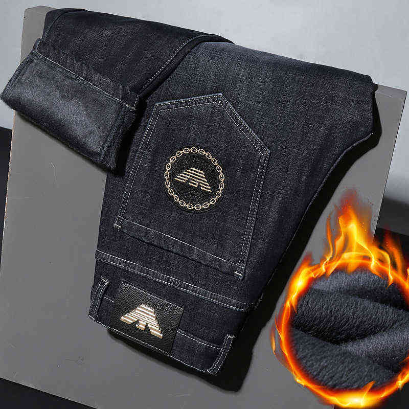 

Luxury Light European Winter Plush and Thickened Jeans Men's Slim Fitting Feet Embroidered Elastic Casual Warm Pants, Qk233 plush