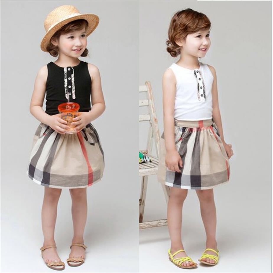 

Children's sets summer girls lace sleeveless T-Shirts + plaid A skirt suit Kids Designer Clothes,size:100-140CM2496, Black