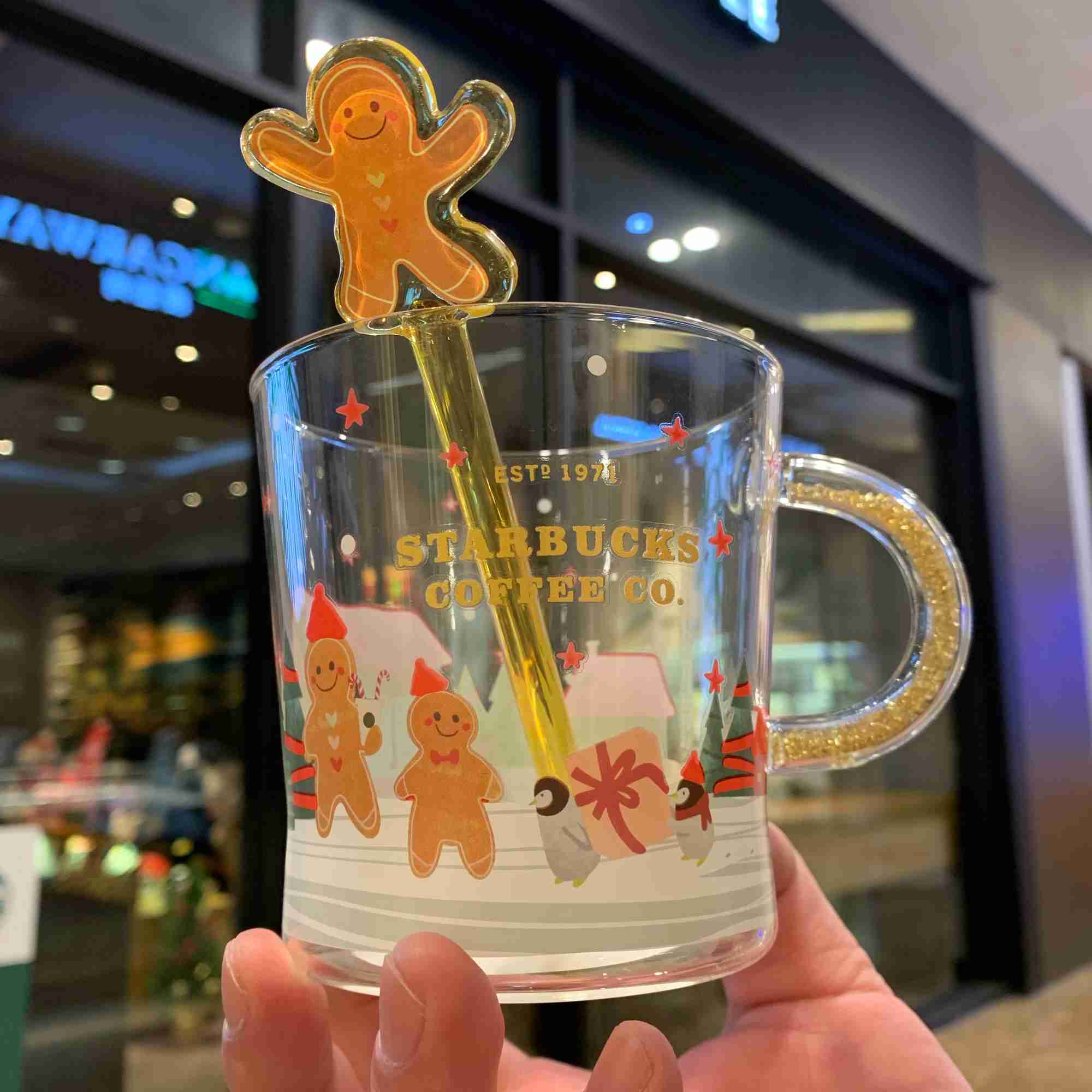 Starbucks Christmas Gingerbread Man stirring stick color changing glass coffee mug Rhinestone handle couple gift-image-759369341