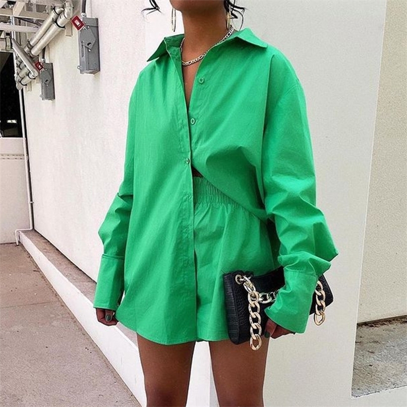 

Green Casual Women Short Set Tracksuit Loungewear Two Piece Outfits Oversized Long Shirt and High Waist Shorts Spring 220419, Blue shorts