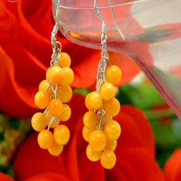

4mm Round Yellow Coral Earring for Women Silver Hook Grape Dangle Earring 2"