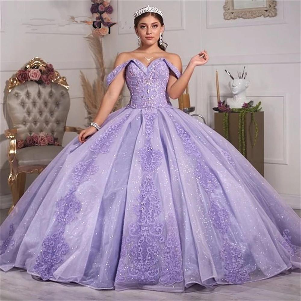 

Elegant Light Purple Princess Ball Gown Quinceanera Dresses Puffy Off Shoulder Appliques Sweet 15 16 Dress Prom Pageant Gowns Vestidos de xv años, Silver