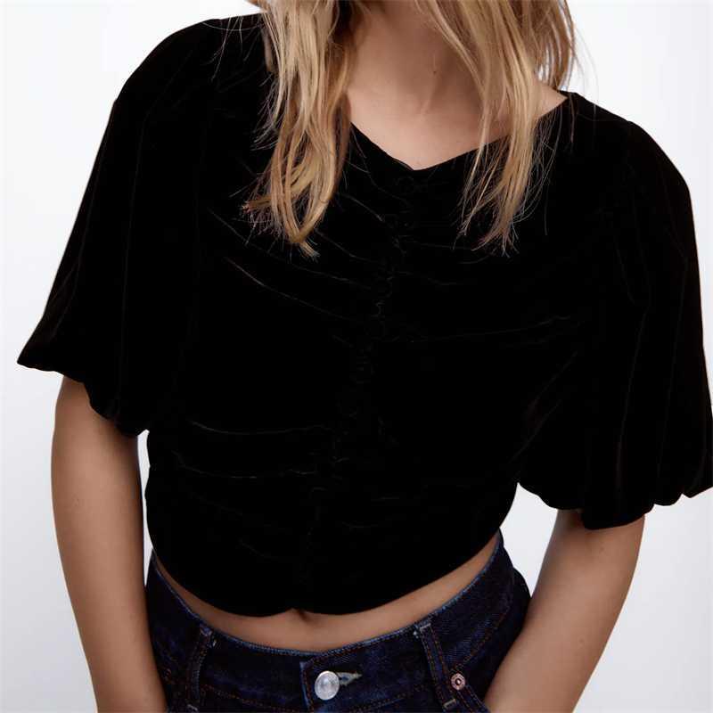 

Women's Blouses & Shirts Women 2022 Fashion With Buttons Pleated Velvet Cropped Vintage V Neck Puff Sleeve Female Shirt Chic Streetwear, As picture