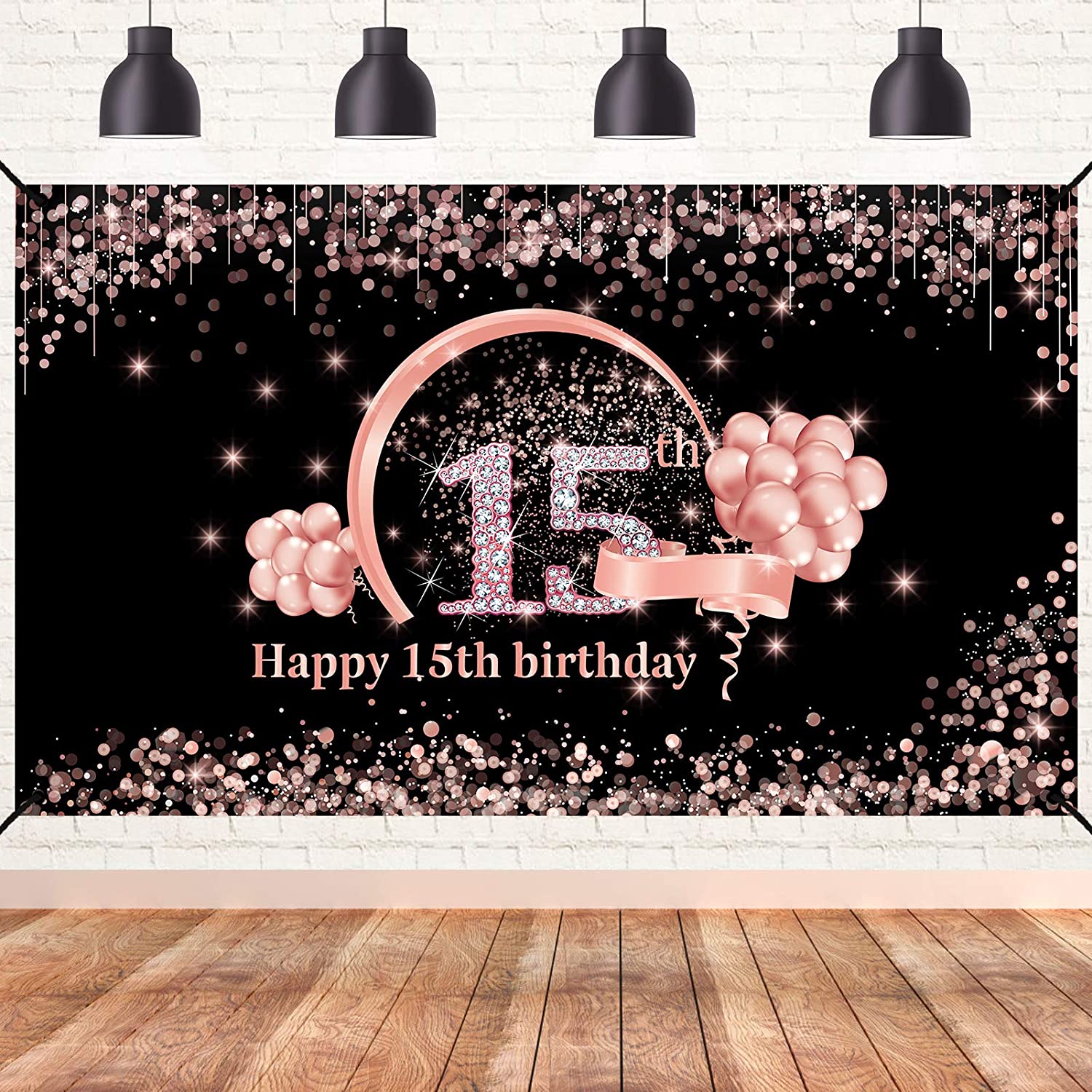 

15th Birthday Banner Backdrop Decorations, Rose Gold Happy 15 Birthday Party Background Fifteen Birthday Photo Booth Decor, As described