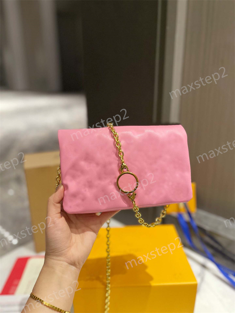 

Classic POCHETTE COUSSIN Chain Bag Camel Pink Monograms Pattern Puffy Embossed Leather Pouch Belt Cross-Body Womens Designer Shoulder Bag Flap closure