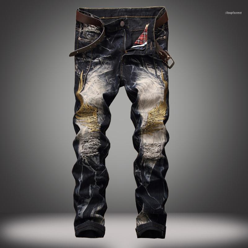 

Men's Jeans 1J Fashion European And American Street Personalized Embroidered Wing Perforated Pants Wholesale Custom