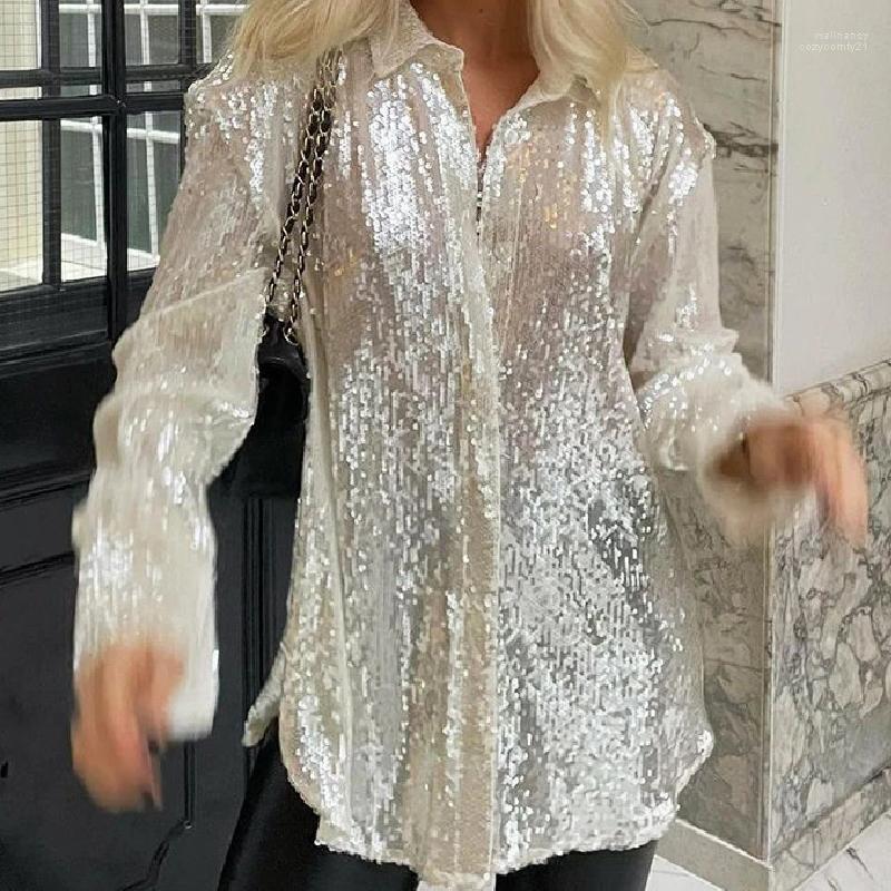 Chemisiers pour femmes Chemises Femmes Sexy Sequin Sparkle Glitter Solide Couleur Manches Longues Boutonné Cardigan Party Clubwear Vintage 90s St