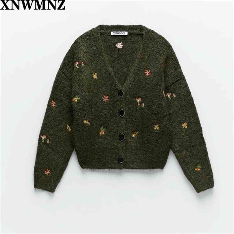 

women Vintage knit cardigan with embroidery Long sleeves V neck ribbed trims Cardigan Female Elegant sweater Outerwear 210520, Green
