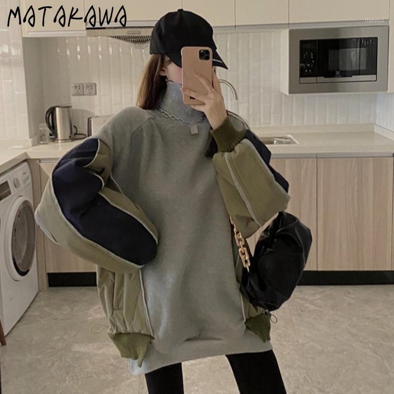 

Korean Loose Sweatshirt Women Fake Two-piece Turtleneck Hoodies Contrast Color Plus Velvet Thick Warm Women's & Sweatshirts, Gray