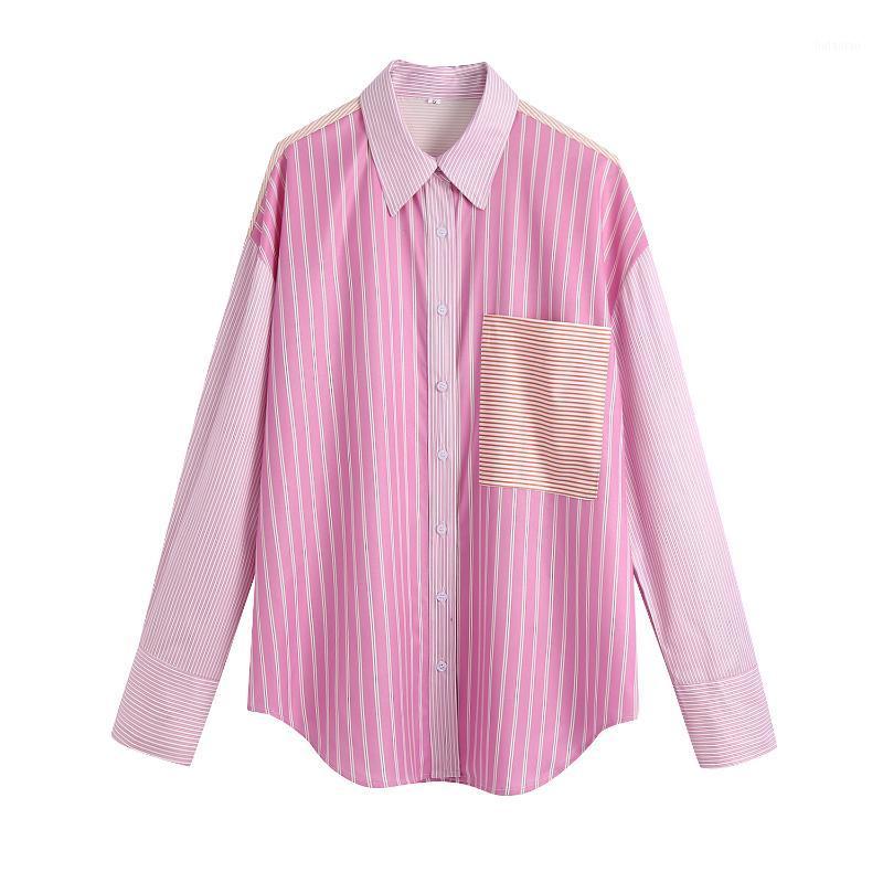 

Women's Blouses & Shirts JC·KILIG 2022 Summer Stitched Stripe Pocket Poplin Shirt B1620, Pink