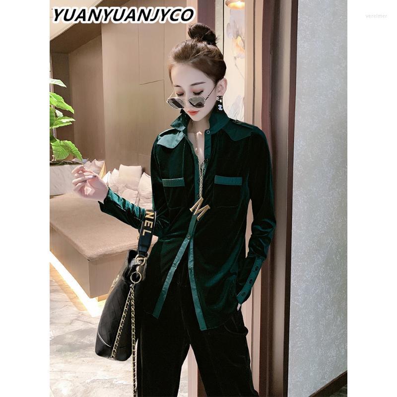 

Women's Blouses & Shirts Autumn Women Regular Length Office Lady Velvet Blouse Patchwork Turn-down Collar Long Sleeve Tight Woman ShirtsWome, Black