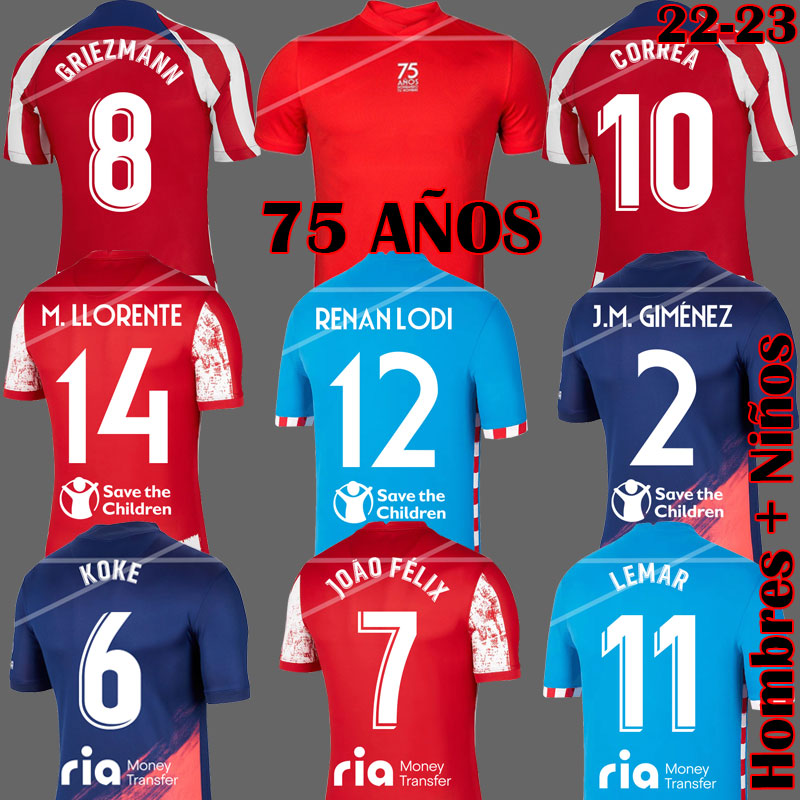 

22 23 ATLETICO Soccer Jerseys 75th anniversary MADRIDs 75 Anos JOAO FELIX 2022 2023 CARRASCO CORREA KOKE camiseta de futbol HERRERA LLORENTE A MAD Football Shirt 999, Kids home