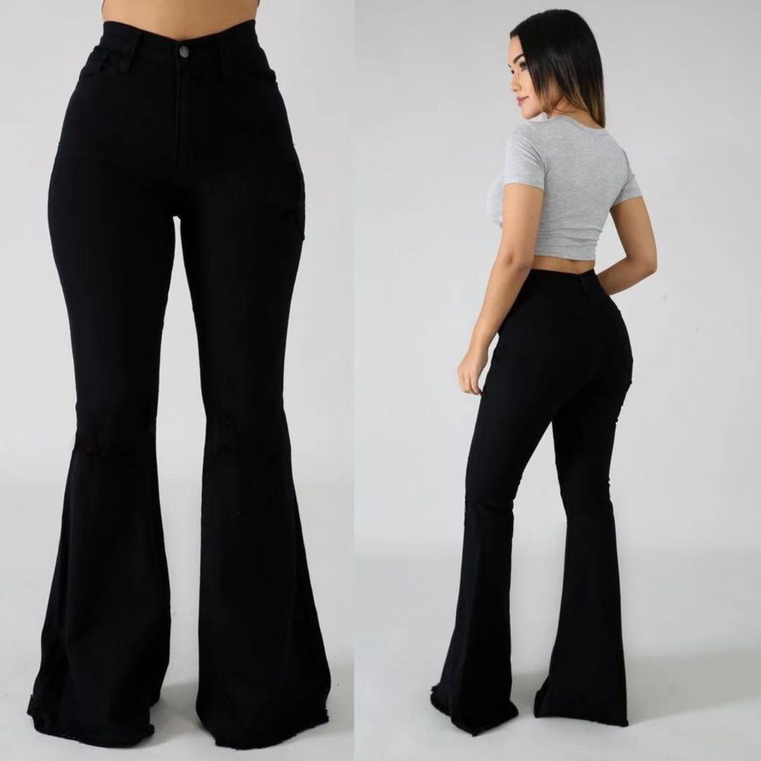 

Women Flare Jeans European And American Sexy Fashion All-Match Jean Trousers Elastic Skinny Denim Pants LK, Black