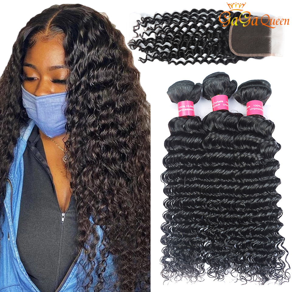 

Deep Wave Bundles With Closure Unroceseed Human Hair Bundles With Closure Brazilian Hair Weave Bundles With Closure, Three part
