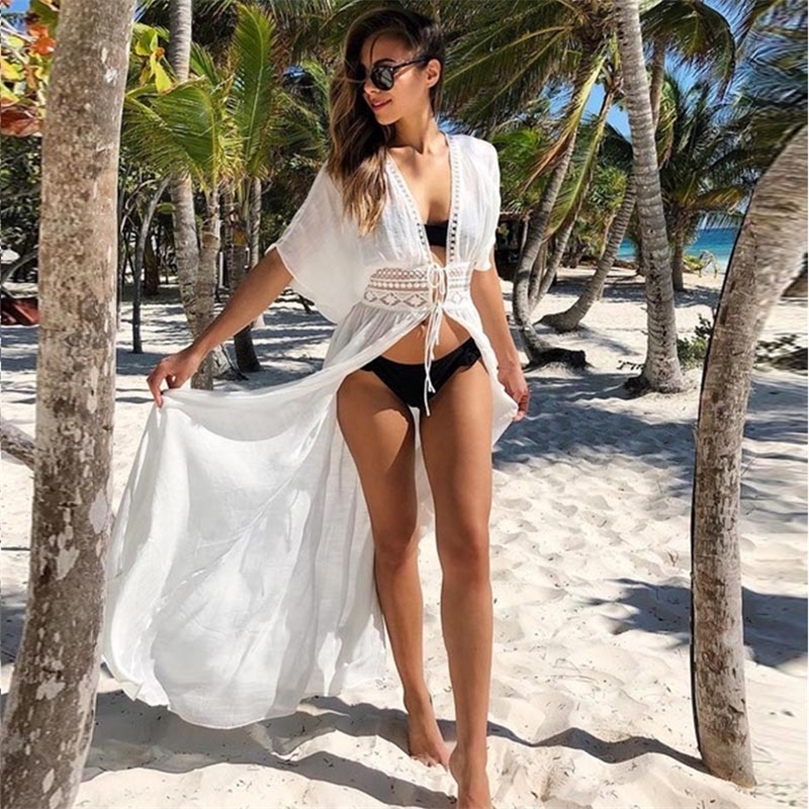 

Boho White Crochet Knitted Beach Cover Up Dress Tunic Long Pareos Bikinis s Swim Robe Plage Beachwear 220524