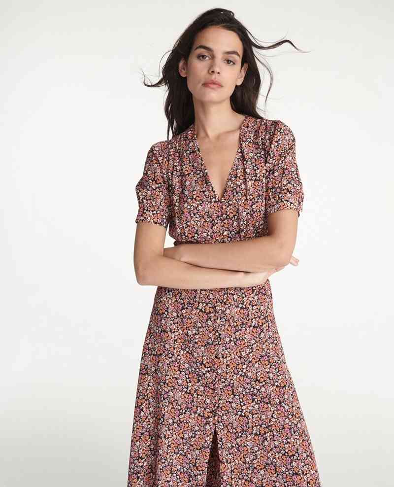 Robe à tk simple français 21 printemps été décor en V-cou divisé jupe longue femelle