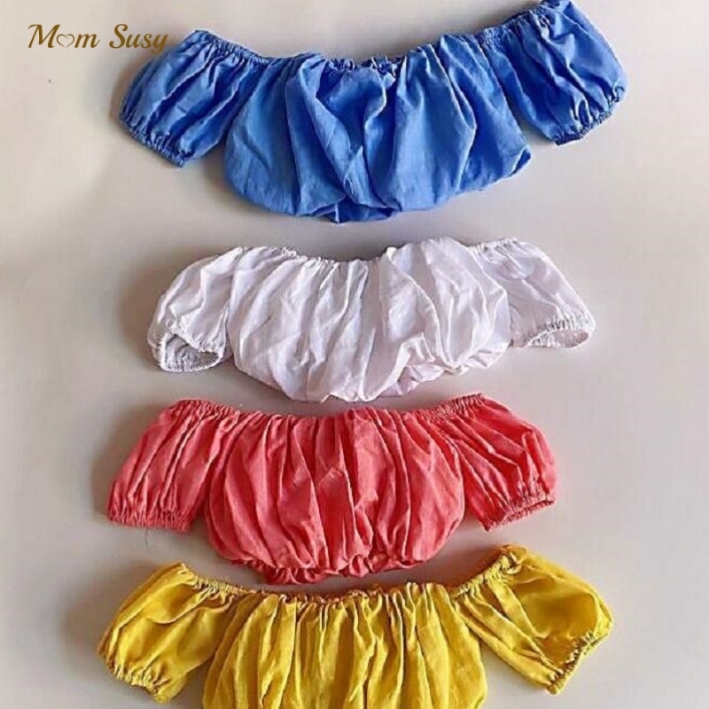 

Fashion Baby Girl Cotton Tshirt Off Shoulder Candy Color Summer Girl Short Blouse Puff Sleeve Crop Top Baby Clothes 17Y 220614, Yellow
