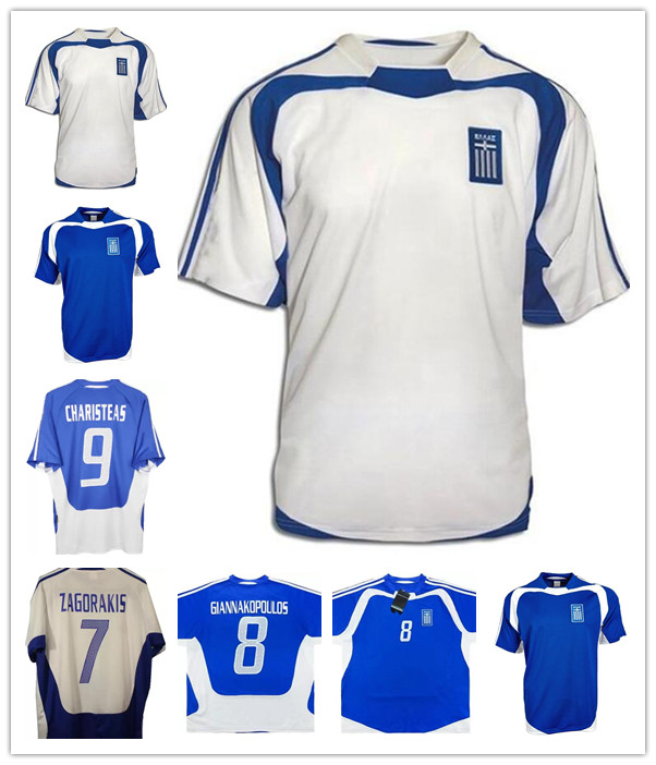 

2004 Retro Soccer Jerseys GREECE Charisteas Tsiartas Nikolaidis Zagorakis Karagounis Home Blue White Away Vintage Jersey For Men Classic Football Shirt