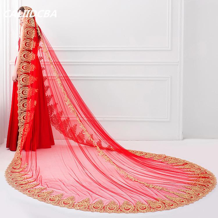 

Bridal Veils Long Wedding Veil Appliques Red Cathedral Lace Edge With Comb For Bride Velo De Novia 3 4 5 MeterBridal, As pic