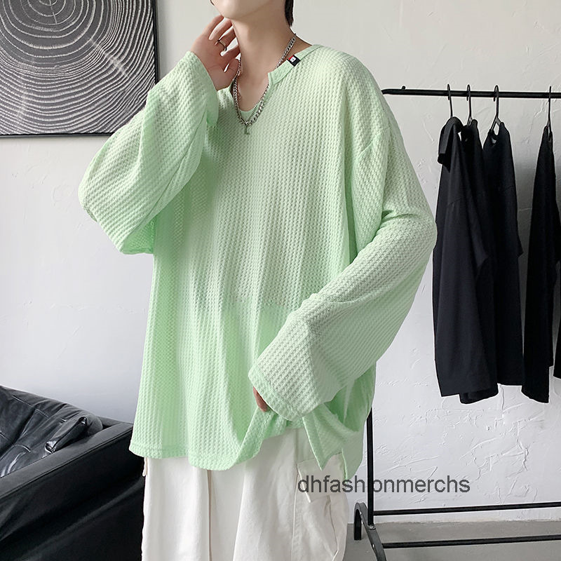 

designer shirt Spring V-neck T-shirt waffle simple long t shirt mens loose fried Street men's wear clothing