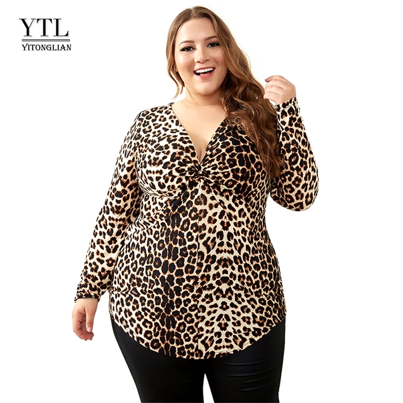 

YTL Plus Size Blouses for Women Leopard Sexy Deep V Neck Long Sleeve Slim Tunic Top Large Size Blouses Women 5XL 6XL 7XL H088 220407, Grey-long sleeve
