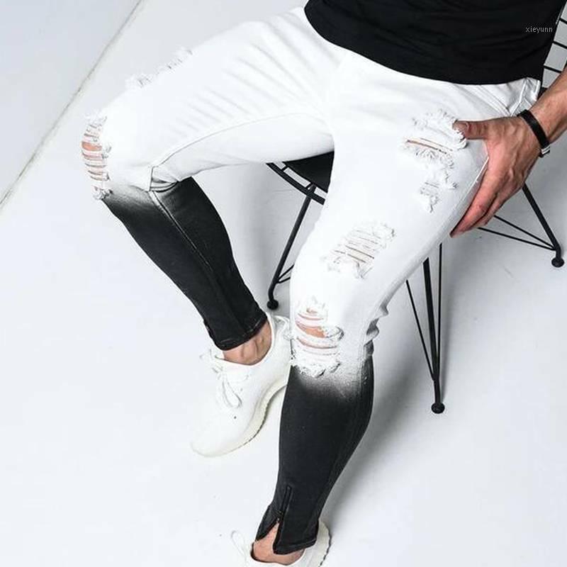 

Men' Jeans Men Pants Skinny Gradient Color Clothing Plus Size Ripped Hole Casual Slim Fit Long Trousers, White